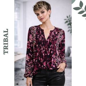 Tribal Jeans Port Wine Floral Pleated Blouse Small